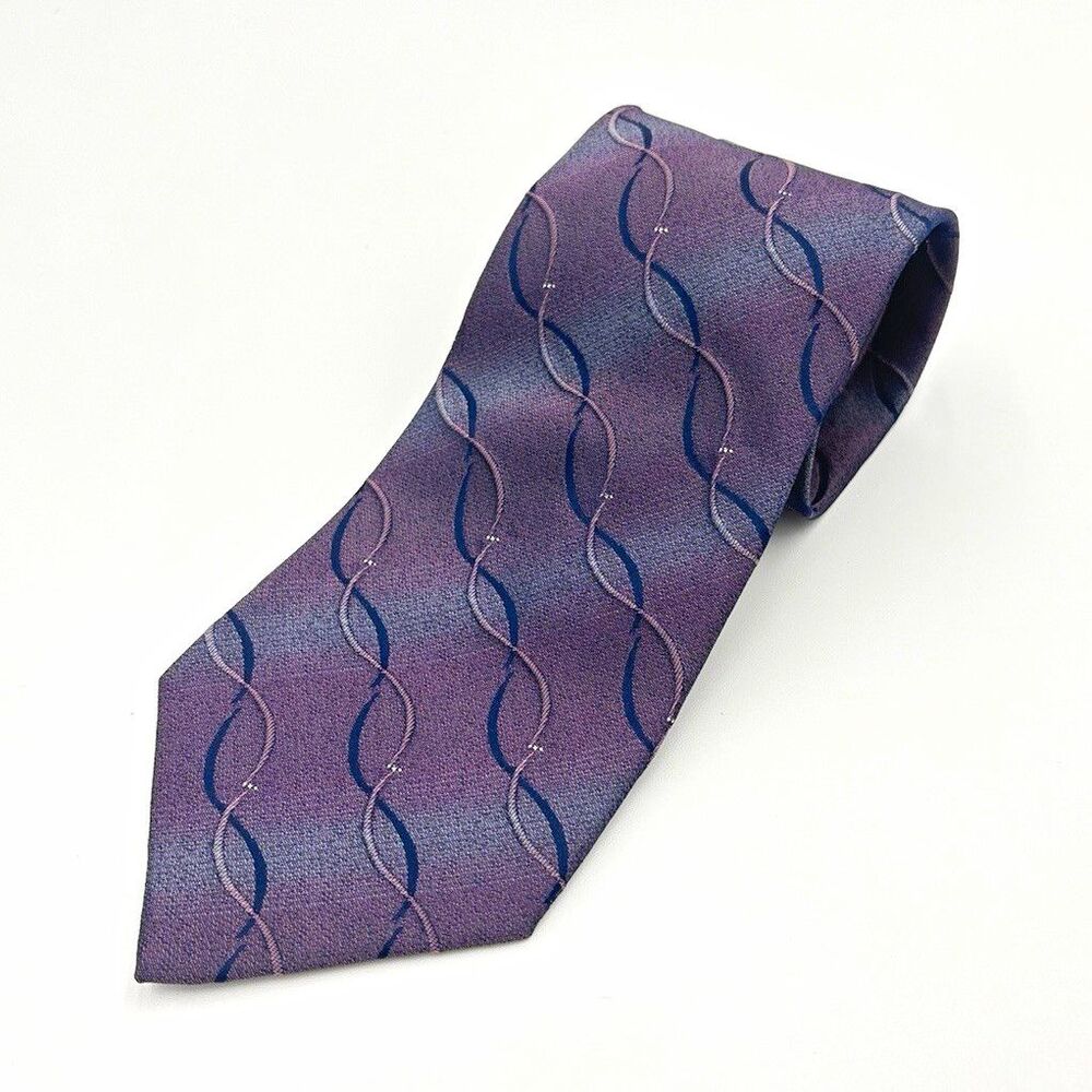 Vintage Dion Italy Men's Necktie Purple Blue Wavy Geometric Satin Shiny